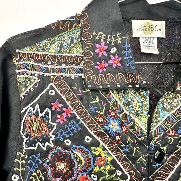 Sandy Starkman  Silk Embroidered Beaded Blouse Women's Size Medium Black - Picture 4 of 8